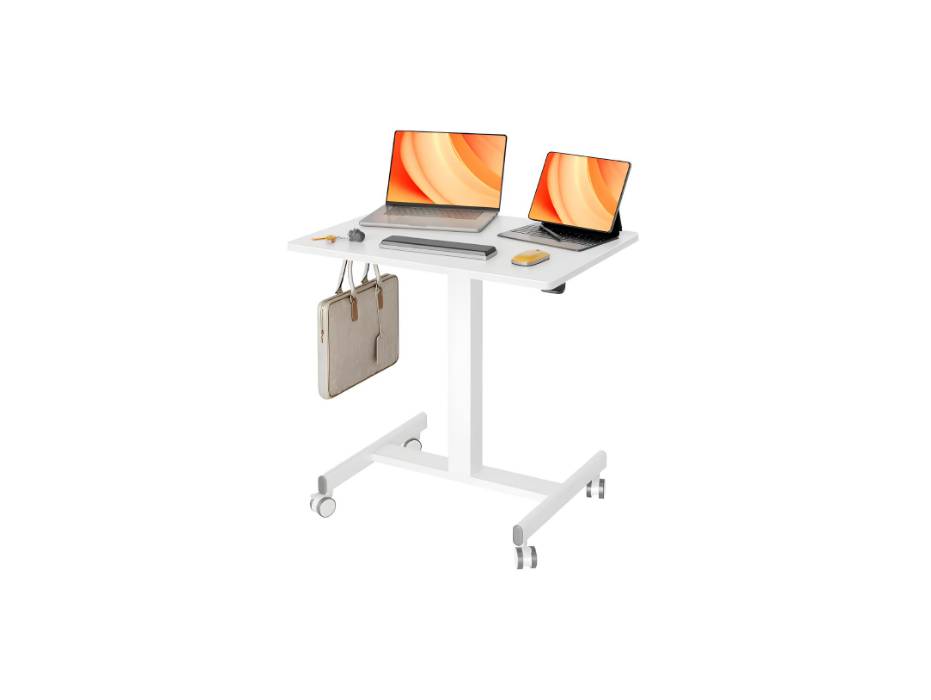 Claiks Mobile Standing Desk, Small Rolling Standing Desk, Pneumatic Mobile Laptop Desk for Home Office with Hook, White