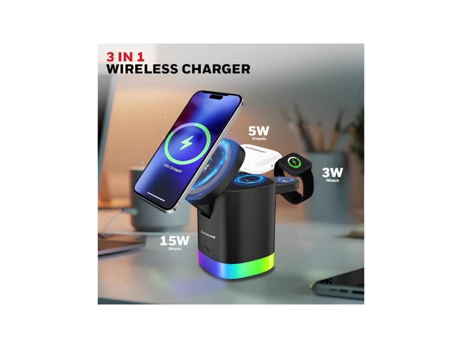 Honeywell Zest Wireless Cube 3-in-1 MagSafe Compatible 23W Magnetic wireless fast Charger with Type-C Input, QC 3.0, RGB Lights, Ultra-Fast Charging for iPhone 12 and Above, Apple Watches & AirPods