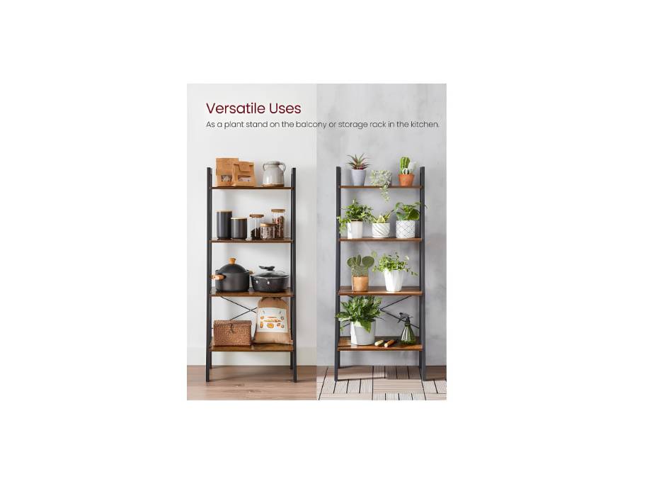 VASAGLE Industrial Ladder Shelf, 4 Tier Bookshelf, Storage Rack Shelves, Bathroom, Living Room, Wood Look Accent Furniture, Metal Frame