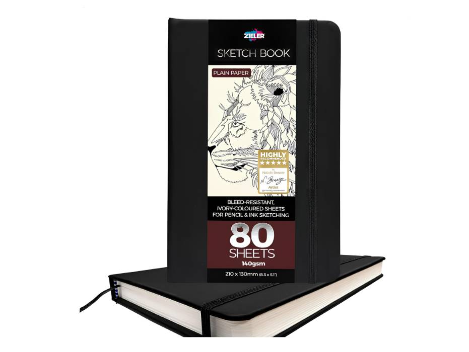 Zieler Black Hardcover Art Sketchbook for Pencil and Ink Sketching | 80 Sheets - 140gsm | 210mm x 130mm,Portrait