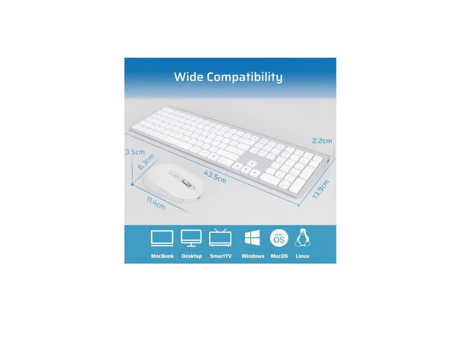 CREATMOR wireless keyboard and mouse, Full Size Rechargeable Wireless keyboard with Number Pad, White/ Silver