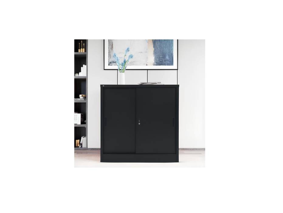 RIGID Steel Sliding Door Cupboard Low Height Steel Filing Cabinet with Shelves Storage, Black