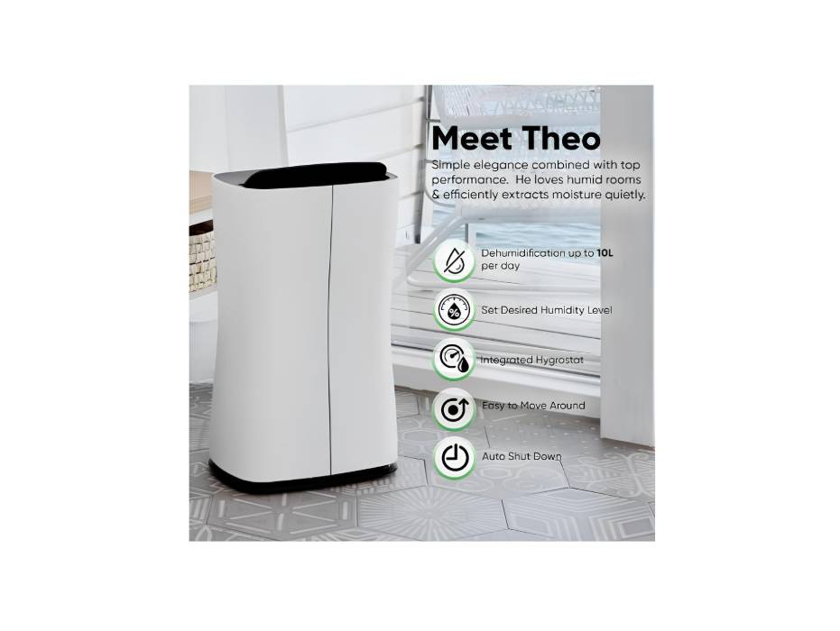 Stadler Form Theo Swiss Design Dehumidifier 10L per Day Silent Operation, for Home Office up to 40m² 2 Liter Water Tank, 1–7H Timer, Continuous Drainage