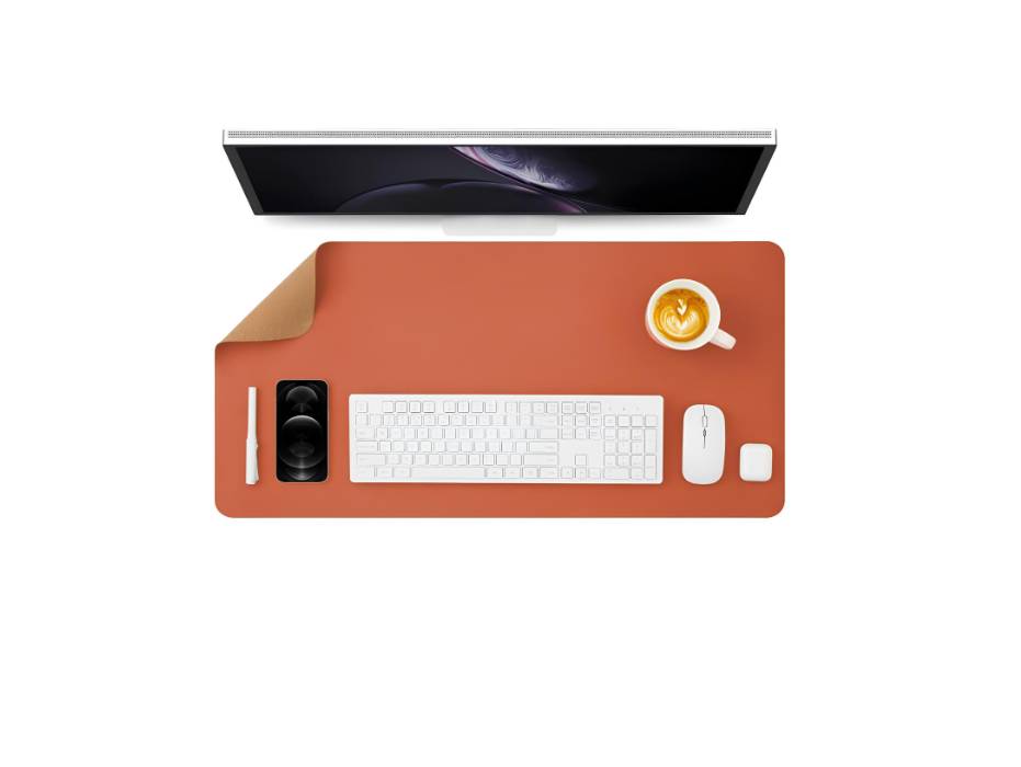 Large Desk Pad, Non-Slip PU Leather Desk Mouse Pad Waterproof Desk Pad Protector, 31.5'' x 15.75'' (Orange & Cork)