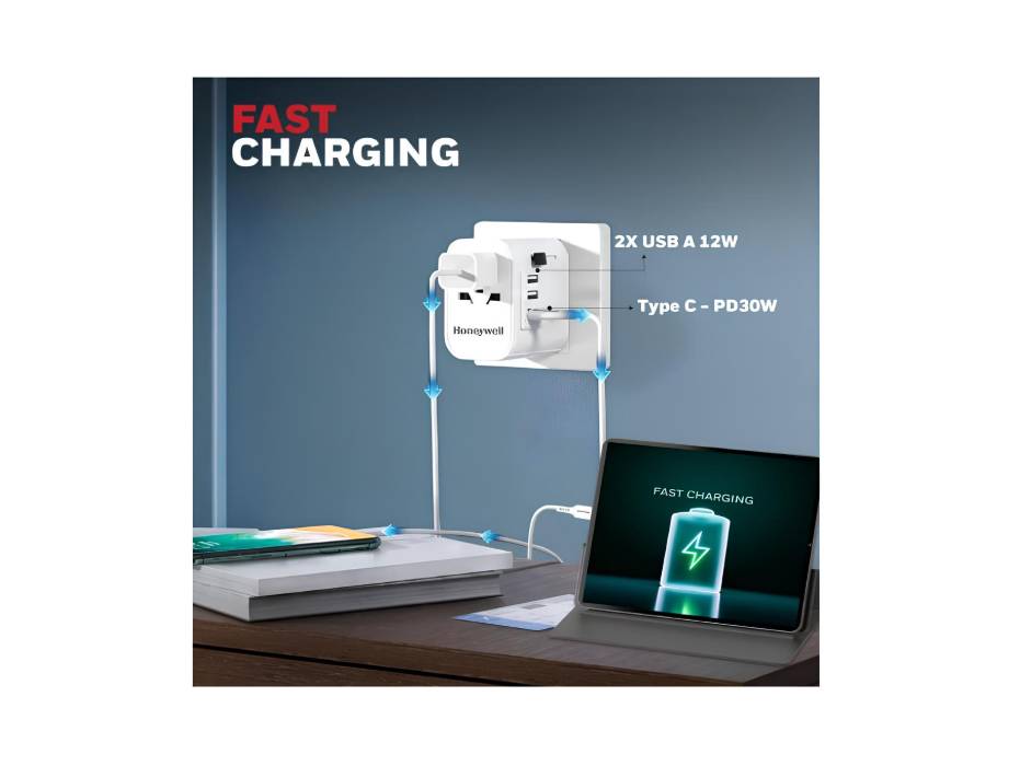 Honeywell Universal Travel Adapter, Worldwide Charger with 2 USB Ports & 1 Type-C, PD30W fast charging international adaptor