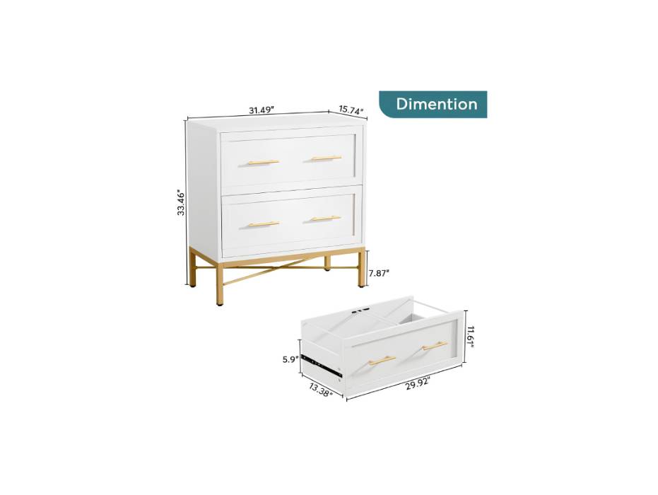 Tribesigns 2 Drawer File Cabinet, White Lateral Filing Cabinet for Letter/Legal/A4 Size, Wood Modern File Storage Cabinets Printer Stand with Storage for Home, Office, White and Gold