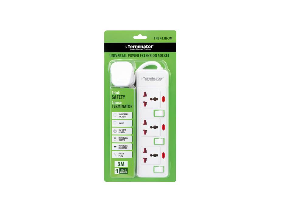 Terminator 3 Way Universal Power Extension Socket With Green Border Switches & Indicators 3M 13A - TPB 413N-3M