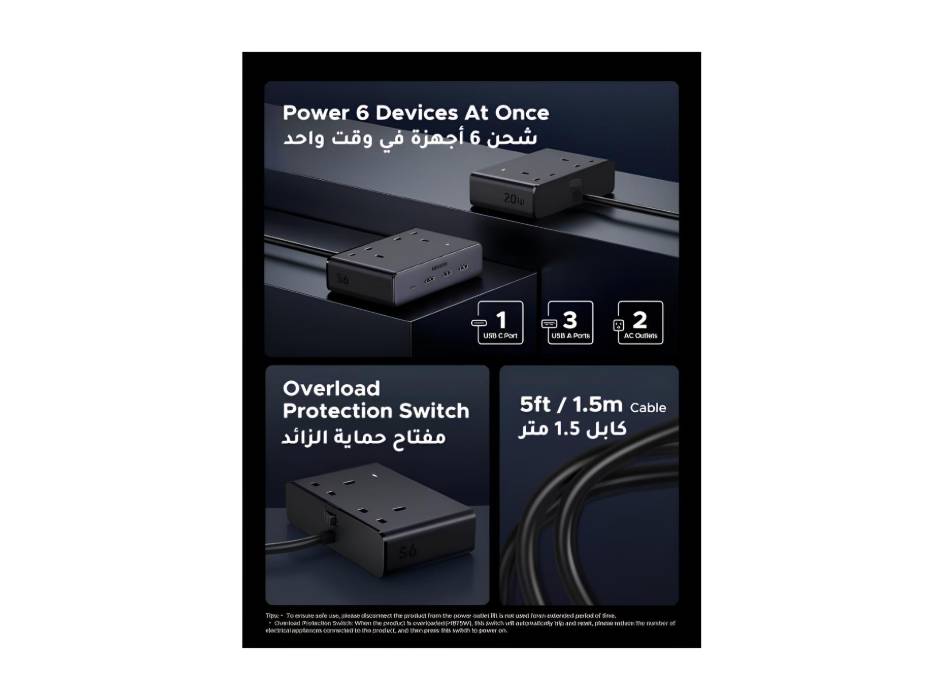 UGREEN Extension Cord with 4 USB Slots, 2 Way 2990W Max Multiple Plug with 1.5m Extension Plug, Black