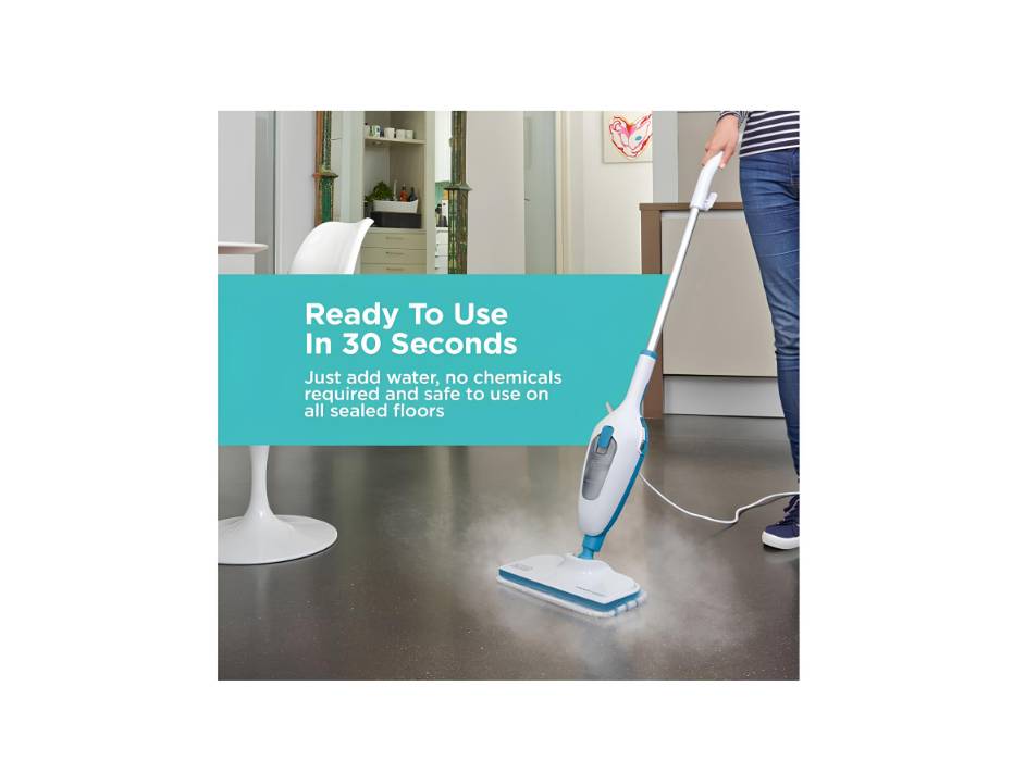 BLACK+DECKER Steam Mop, 1300W, Superheated Steam, 180° Swivel Steering, Microfiber Pad, 4m Cable, White/Blue