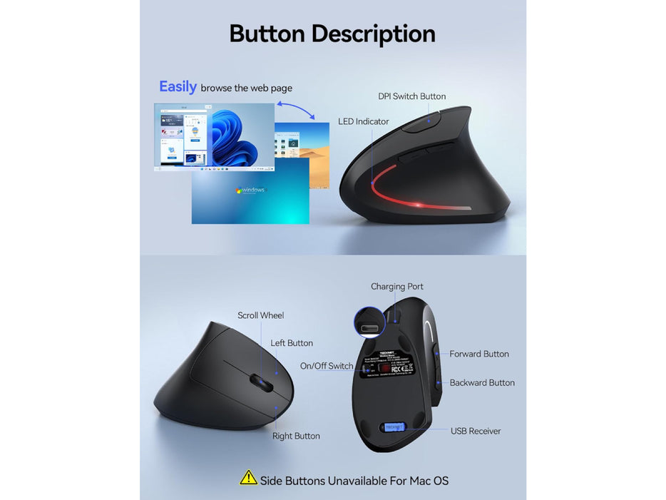 Tecknet Wireless Rechargeable Vertical Ergonomic Mouse, Right Hand, 4800 DPI 5 Adjustable Levels/ 2.4GHz with USB-A Receiver, Silent Click