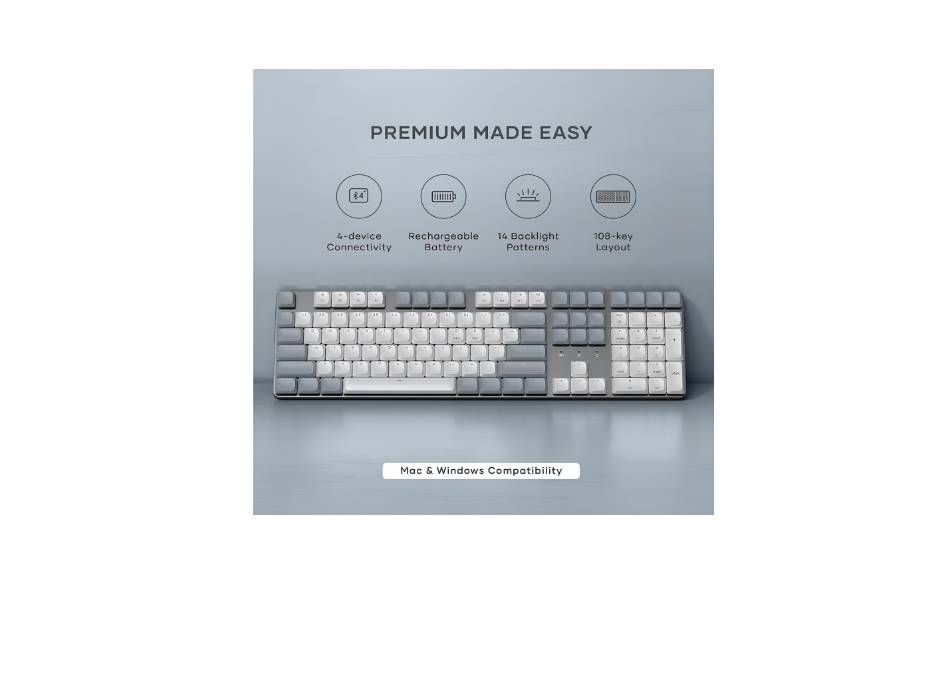 Satechi SM3 Mechanical Keyboard,108 Keys with White LED Backlit, Wired and Bluetooth -Mac and Windows - Light Gray/White