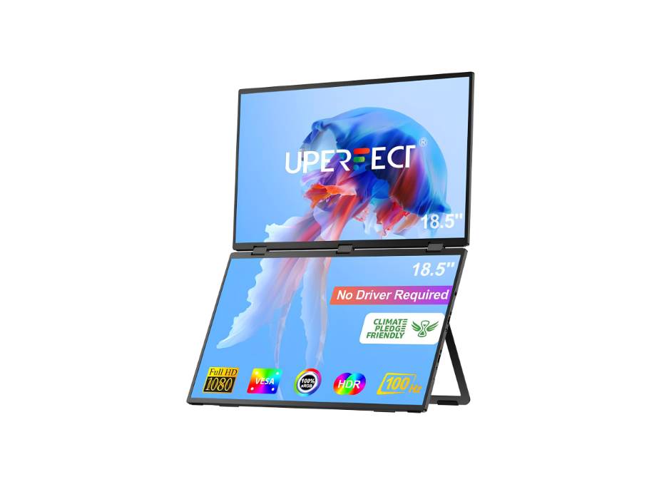 UPERFECT Delta 18.5" 100Hz Dual Monitor Portable Monitor for Laptop Screen Extender 1080P HDR 360° Folding Stacked Triple Monitor with Stand