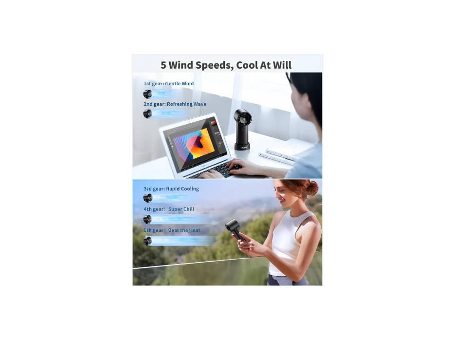 coldSky Portable Handheld Turbo Fan, 5 Speed Adjustable With Digital Display, Powerful High Speed 6000mAh Battery