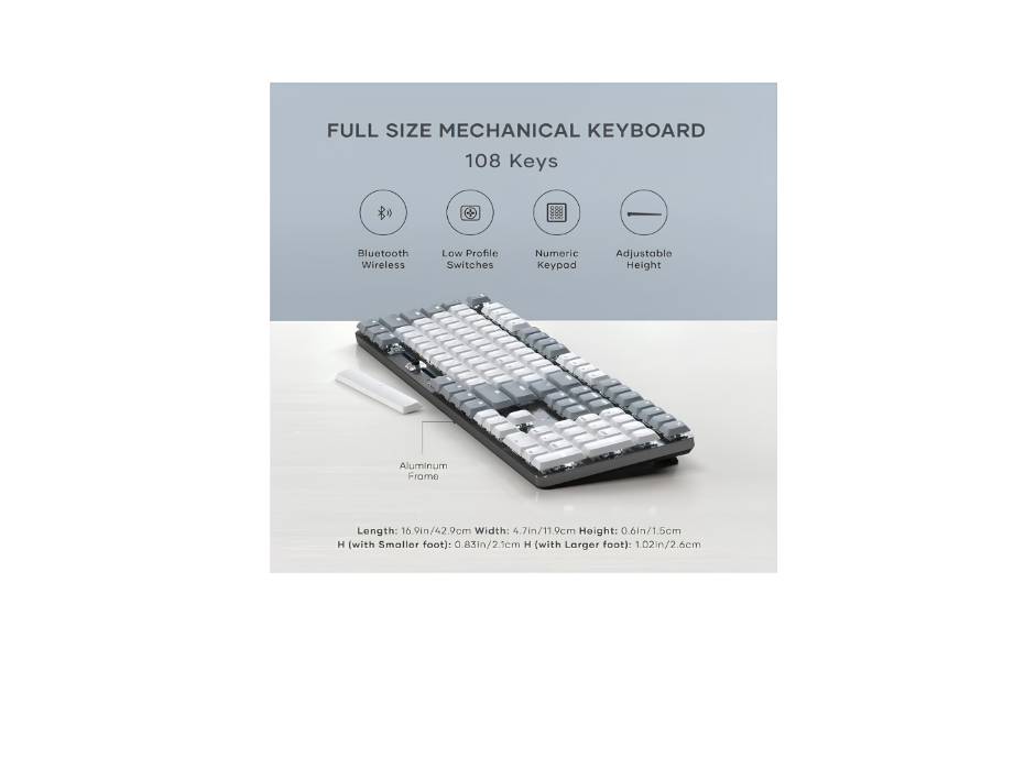 Satechi SM3 Mechanical Keyboard,108 Keys with White LED Backlit, Wired and Bluetooth -Mac and Windows - Light Gray/White