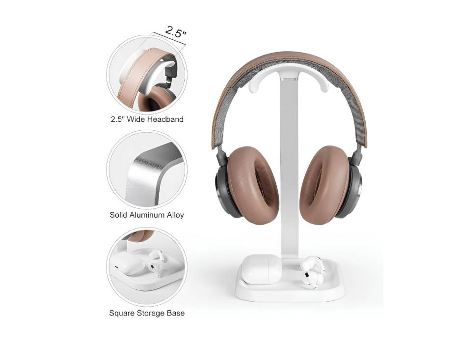 Headphone Stand, Curved Headset Stand with Storage Tray (White)