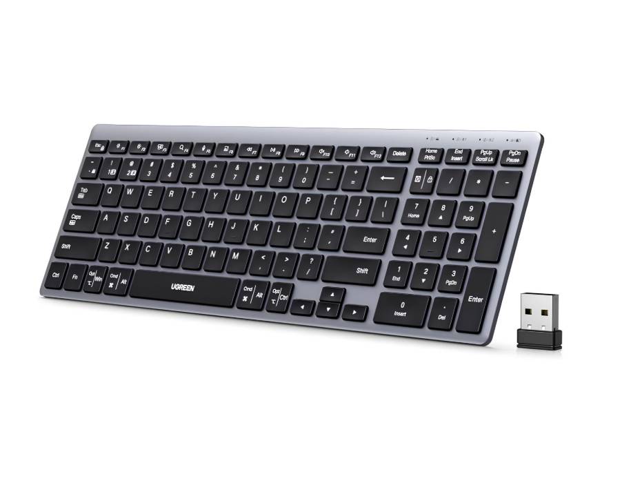 UGREEN Wireless Keyboard Bluetooth 5.4 & 2.4GHz, Rechargeable, 3 Device, Slim Silent Keyboard, Long Battery Life, Adjustable Stand, Compact Portable Keyboard