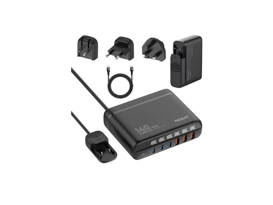 PEGANT 140W 6 Port GaN Desktop & Wall Charger UK/EU/US Plugs, 3 USB-C PD3.0, 3 USB QC5.0, Fast Charging Station Dock Hub, 1.5 M