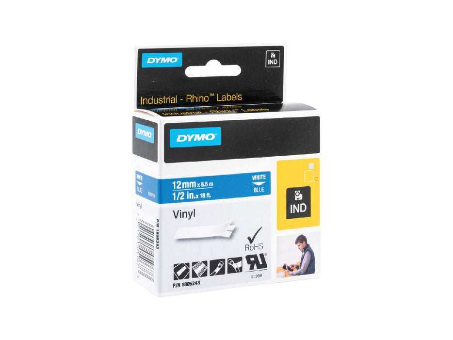 Dymo Rhino 1805243 Vinyl 12mm White on Blue Tape
