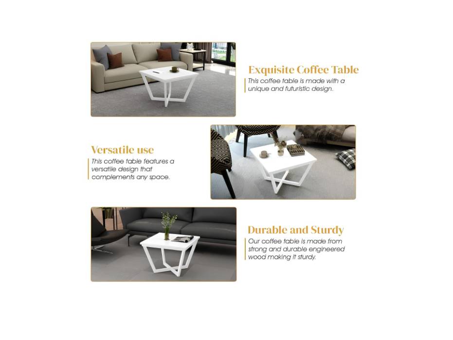 RIGID Contempo Coffee Table, Modern Square Center Table for Living Room Home Office Furniture (60x60x45 cm) White Top and White Base