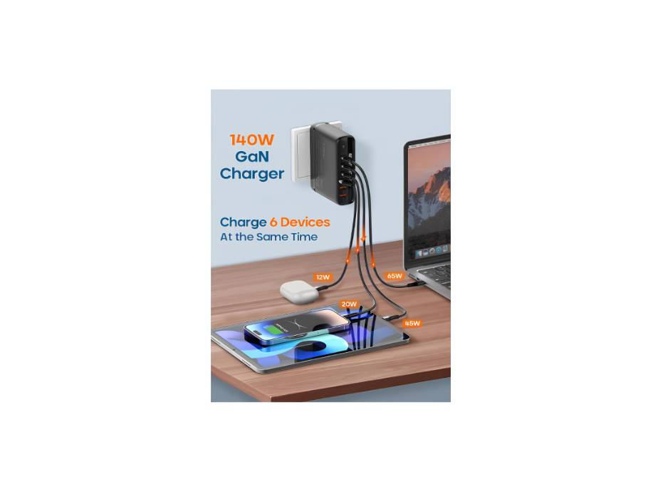 PEGANT 140W 6 Port GaN Desktop & Wall Charger UK/EU/US Plugs, 3 USB-C PD3.0, 3 USB QC5.0, Fast Charging Station Dock Hub, 1.5 M