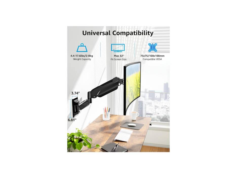 MOUNTUP Monitor Wall Mount for 17-32 Inch Computer Screen, Wall Mounted Arm Support 4.4-17.6lbs Display, Gas Spring Monitor Arm, Black