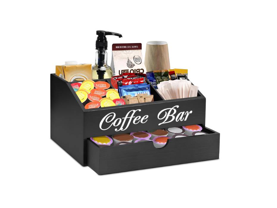 Countertop Wooden Coffee Bar Accessories with Drawer & 5 Compartments Station Organizer