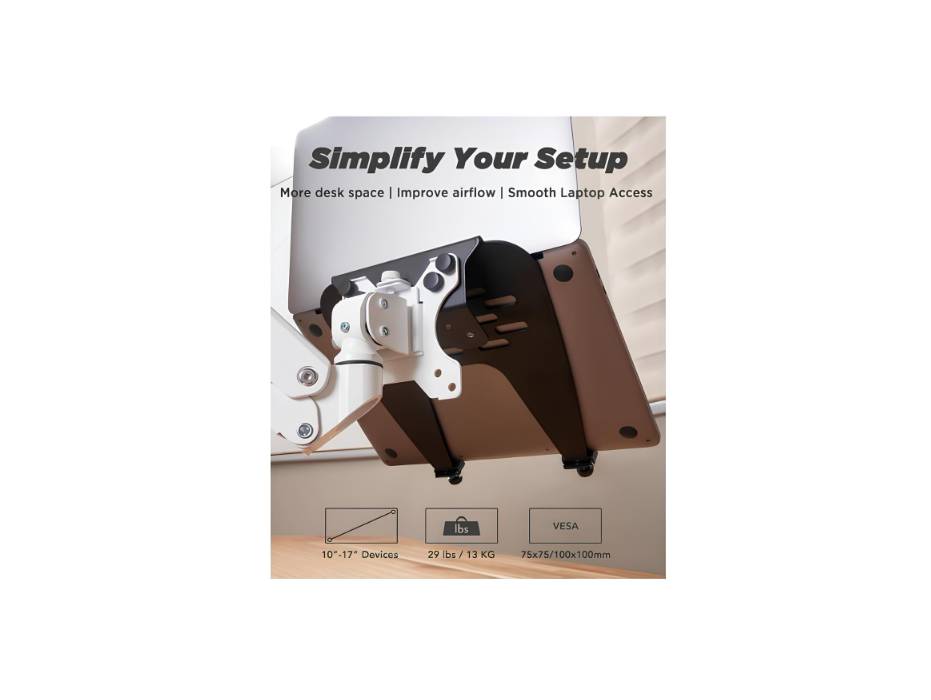 ULTRARM Laptop Tray Steel Notebook Holder for Monitor Arm Desk Mount Stand Fits VESA 75/100 Mounting Holes 13Kg Capacity with Vented Cooling Platform