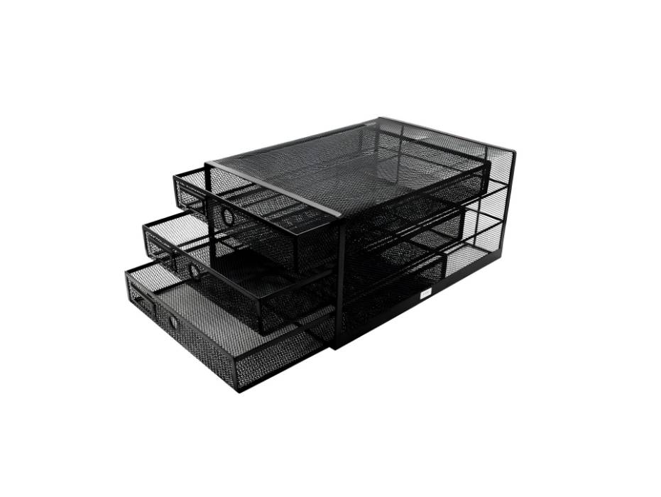 Metal Mesh Multifunctional Desk Organizer, 3 Drawer, Black