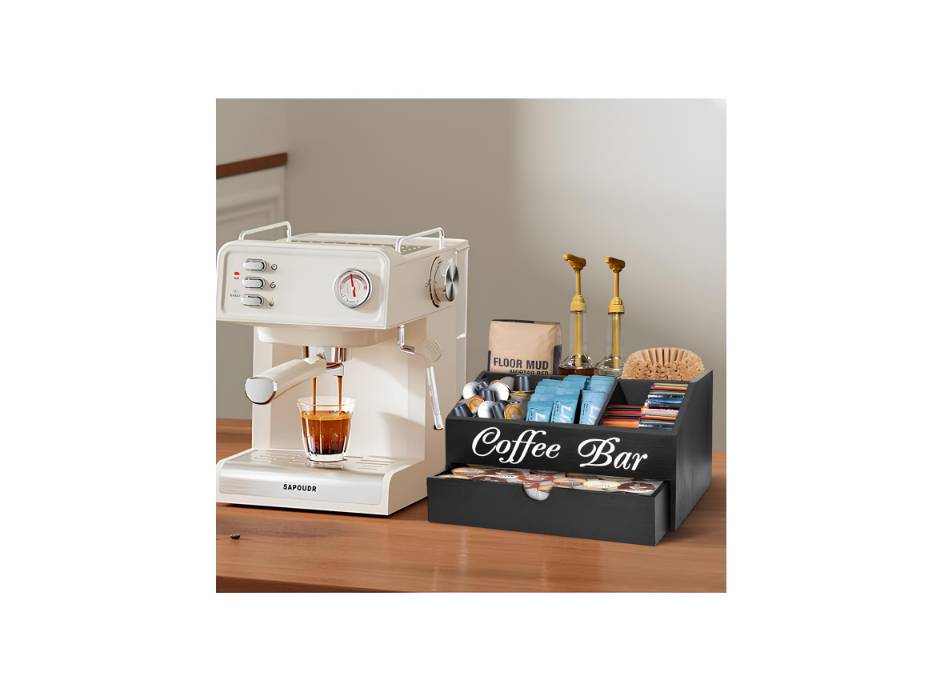 Countertop Wooden Coffee Bar Accessories with Drawer & 5 Compartments Station Organizer