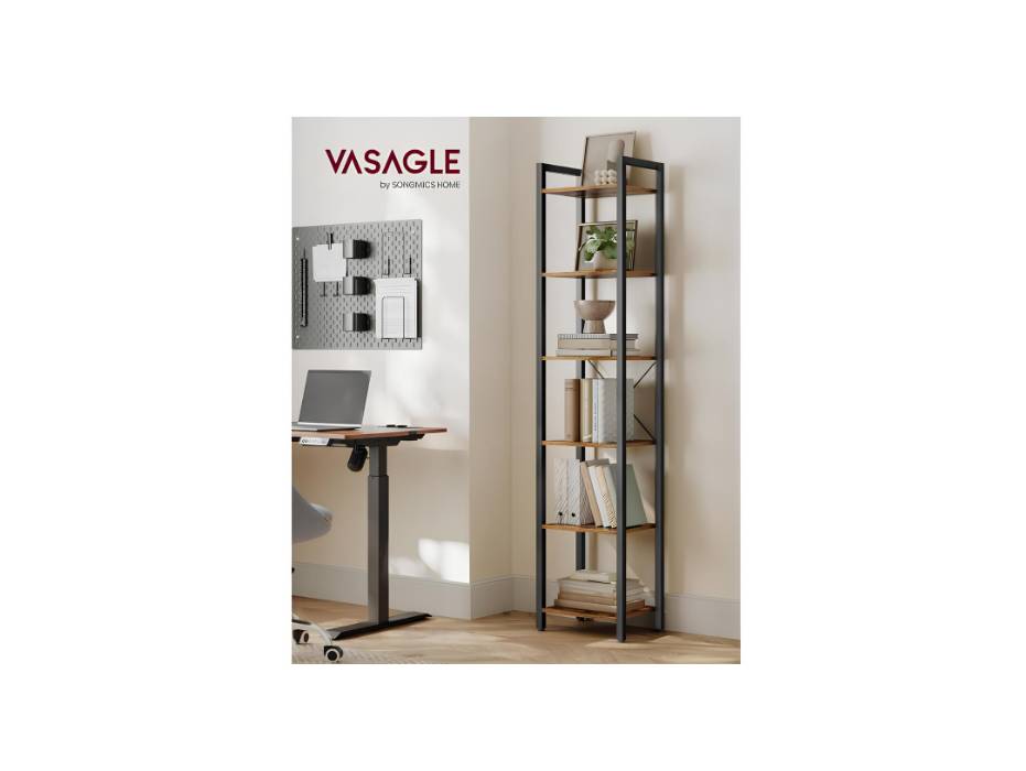 VASAGLE 6-Tier Tall Bookshelf, Narrow Bookcase with Steel Frame, Skinny Book Shelf for Living Room, Home Office, Study, 11.8 x 15.7 x 73.8 Inches, Industrial Style