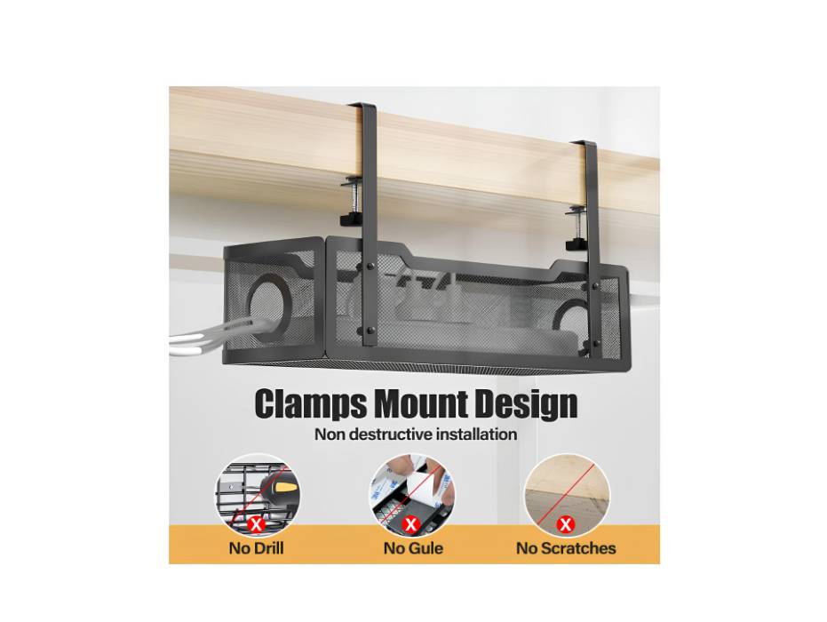 Cinati Under Desk Cable Management Tray, Cable Management Under Desk No Drill, with Clamp for Desk Wire Management, Black