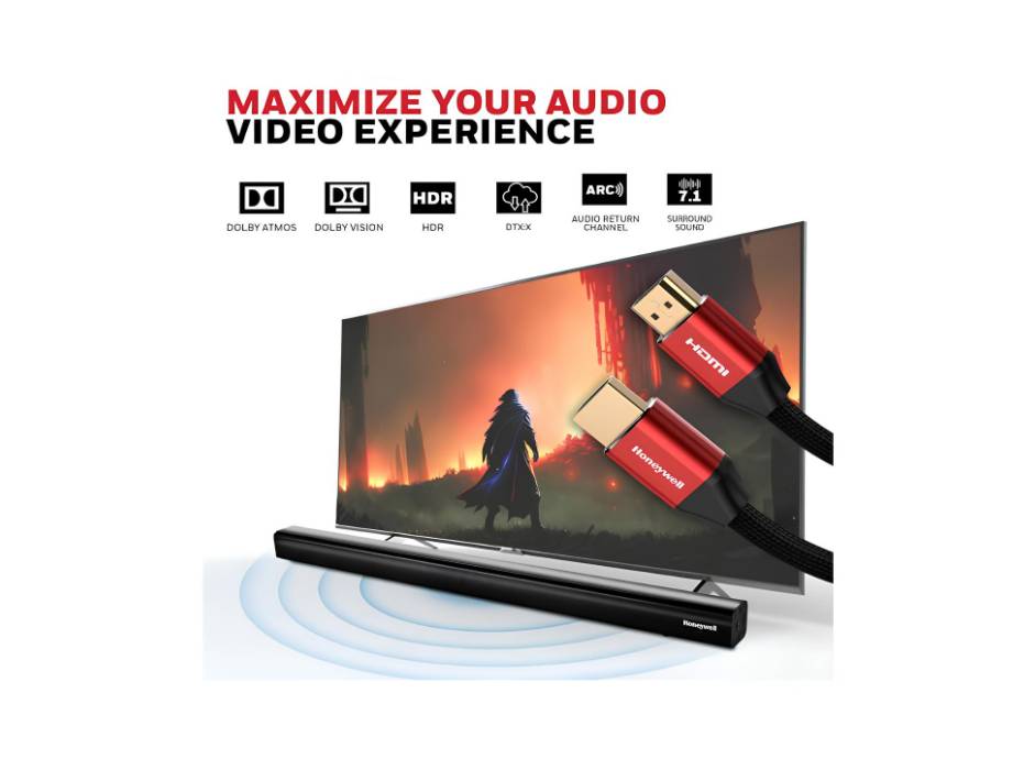 Honeywell HDMI Cable 2.1 with Ethernet, 8k@60Hz UHD Resolution,1 Meter, 48 GBPS Transmission Speed, Dolby DTS, 3D, Ultra-Fast Speed, Male-to-Male