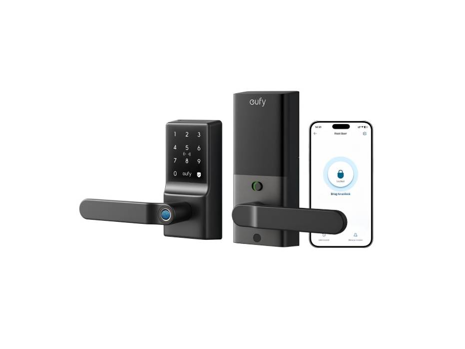 eufy Smart Lever Lock C33, Keyless Fingerprint Door Lock with Lever, Integrated Wi-Fi, Remote Control via App, Biometric Entry Knob, Auto-Locking, IP53 Waterproof, Nickel