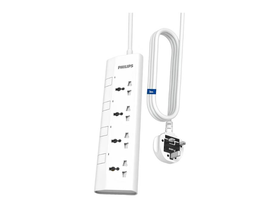 Philips 4-Way 3m Universal Power Extension Cord with Individual Switches, White Color