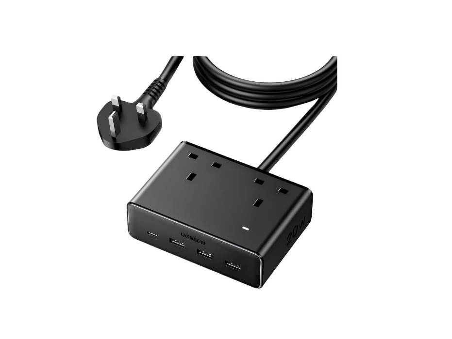 UGREEN Extension Cord with 4 USB Slots, 2 Way 2990W Max Multiple Plug with 1.5m Extension Plug, Black