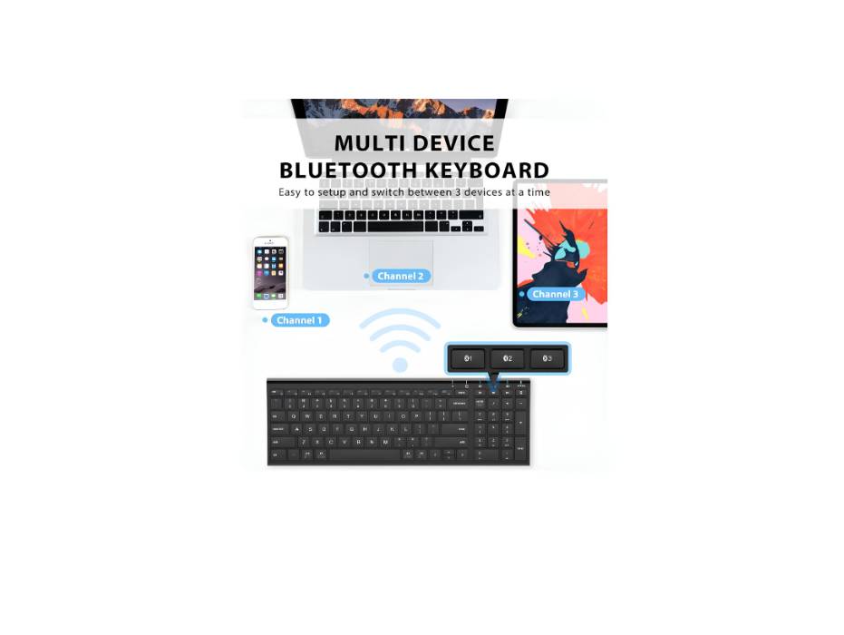 iClever Bluetooth Keyboard BK10, Multi Device Keyboard Rechargeable with Number Pad Ergonomic Design Full Size, Black