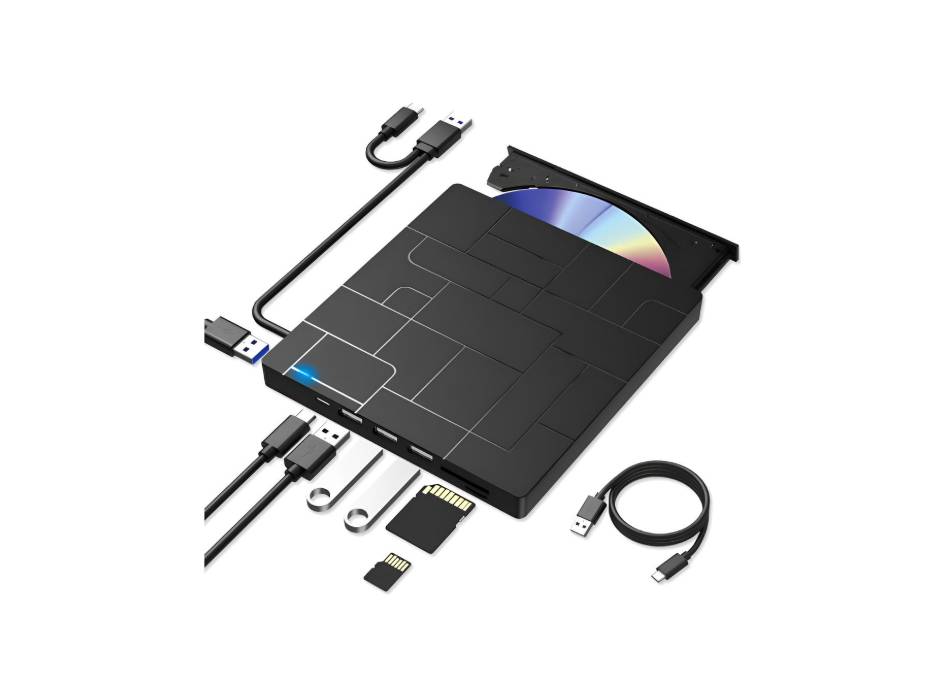 External DVD Drive, USB 3.0 Type-C CD Burner, 4 USB Ports and 2 SD Card Slots, Compatible with Windows Linux Mac OS