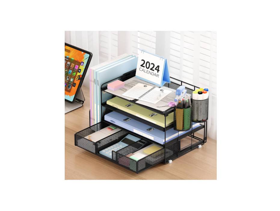 OPNICE Desk Accessories & Workspace Organizers with 2 pen holders, 4 Tier Paper Organizer - Black
