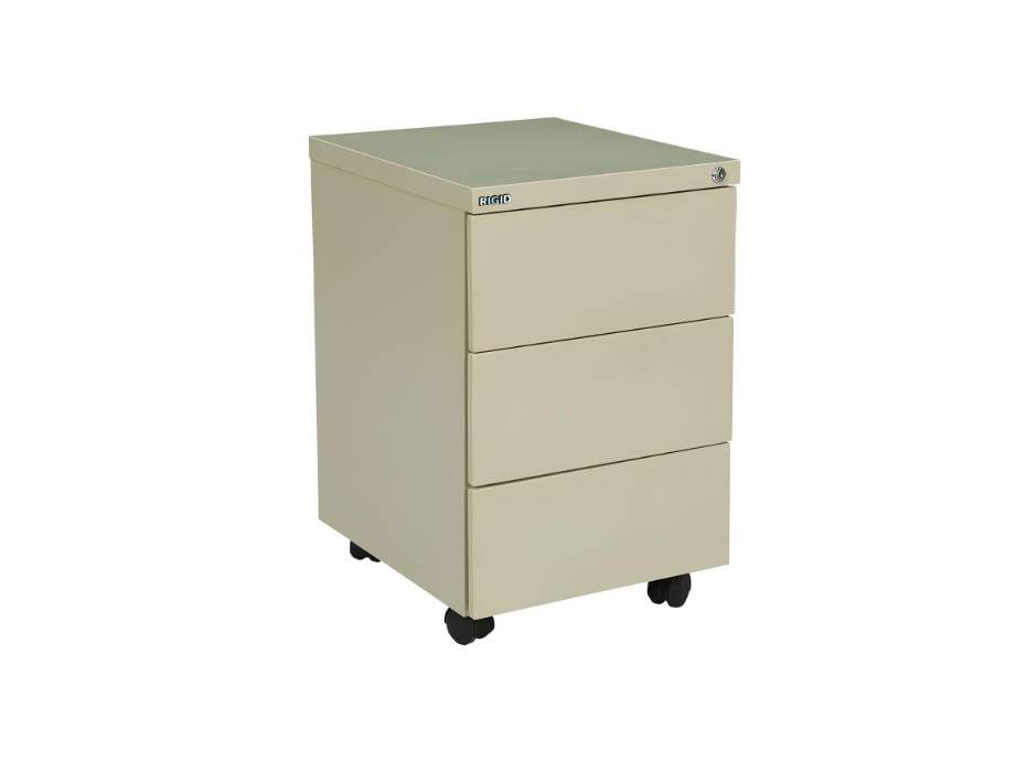 RIGID Steel Mobile Pedestal | 3 Drawer Under Desk Storage Unit with Lock | Modern Office Filing Cabinet with Wheels for Home, Office, Workstation Furniture, Beige