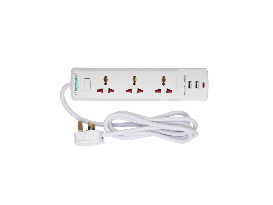 Terminator 3 Way Universal Power Extension Socket With 2USB 2.4A, Master Switch, Indicator and 2M Cable - TPB 523-2USB