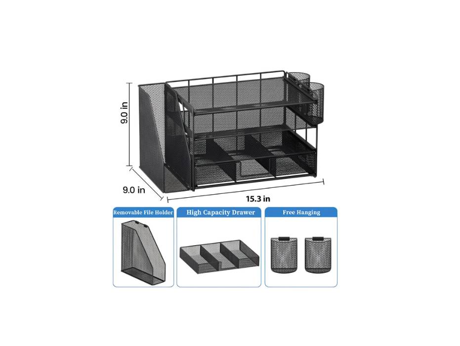 OPNICE Desk Accessories & Workspace Organizers with 2 pen holders, 4 Tier Paper Organizer - Black