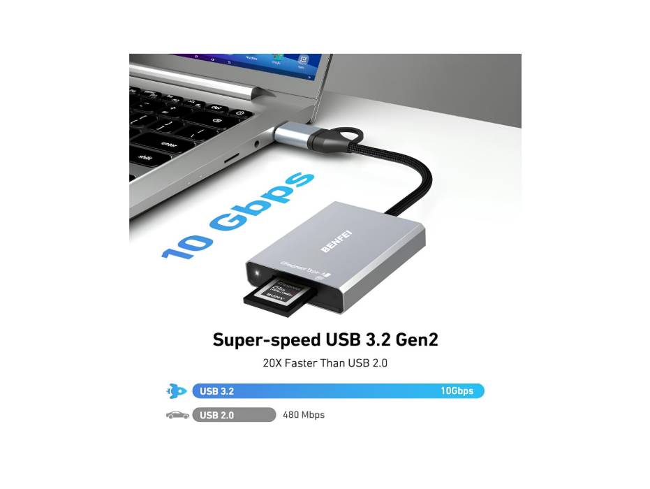 BENFEI CFexpress Type A Card Reader with USB 3.2 (Gen 2) 10Gbps, USB-C&USB-A 2-in-1 Type A CFexpress Adapter