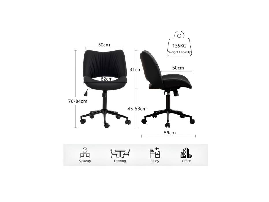 YOUTASTE Ergonomic Office Desk Chair for Home Computer Vanity Study Bedroom Makeup Room with Wheels and Back Swivel Adjustable Rolling Faux Leather Modern, Black