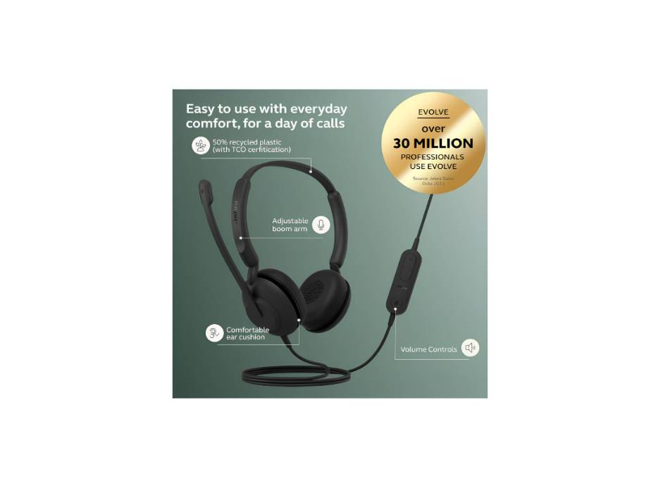 Jabra Evolve 10 Wired Headset with Noise-Cancelling Microphone for PC/Laptop Use – Easy USB-A Setup - TCO Certified