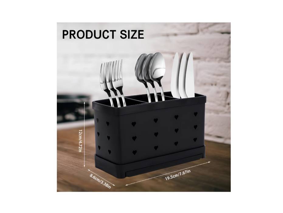 Stainless Steel Utensil Holder, 3 Compartments, 20.2L x 12.5W x 9H, Black