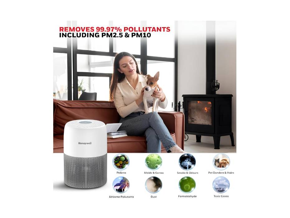 Honeywell Air Purifier for Home & Office, 3-in-1 filter - Pre-Filter, H13, Activated Carbon Filter, Removes 99.99% Pollutants, Allergens, Pet Danger, Smoke, Dust & Pollens - Air touch V1