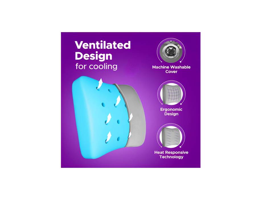 Frido Lumbar Back Support Pillow, Office Chair Cushion, Improves Posture, Gel Infused Memory Foam Orthopedic Cushion For Cooling, With Air Flow Vents, Adjustable Dual Straps (Grey)