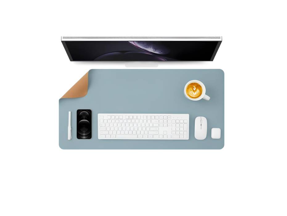 Large Desk Pad, Non-Slip PU Leather Desk Mouse Pad Waterproof Desk Pad Protector, 31.5'' x 15.75'' (Light Blue & Cork)