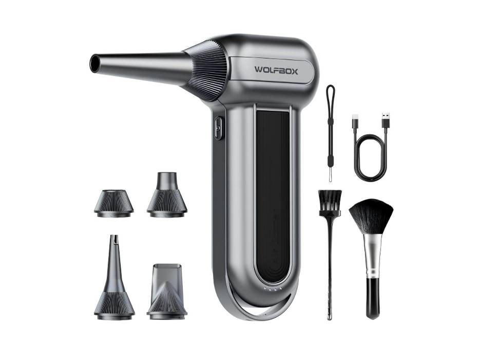 WOLFBOX Electric Air Duster MegaFlow100 with 150000RPM super power, 3-Speed adjustable, Cordless, Rechargeable brushless motor durable blower