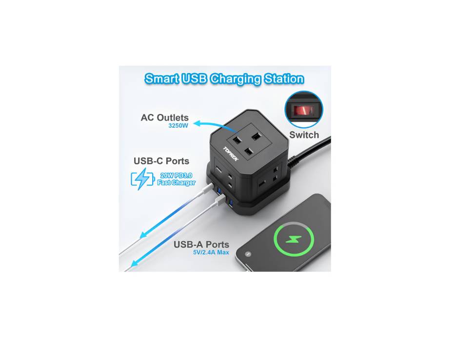 TOPREK Cube Extension Lead with USB Slots, 5 Way Power Strip with 5 AC Outlet 4 USB (USB-C 20W PD3.0 Fast Charger) 1 Switch, 2M Extension Cord